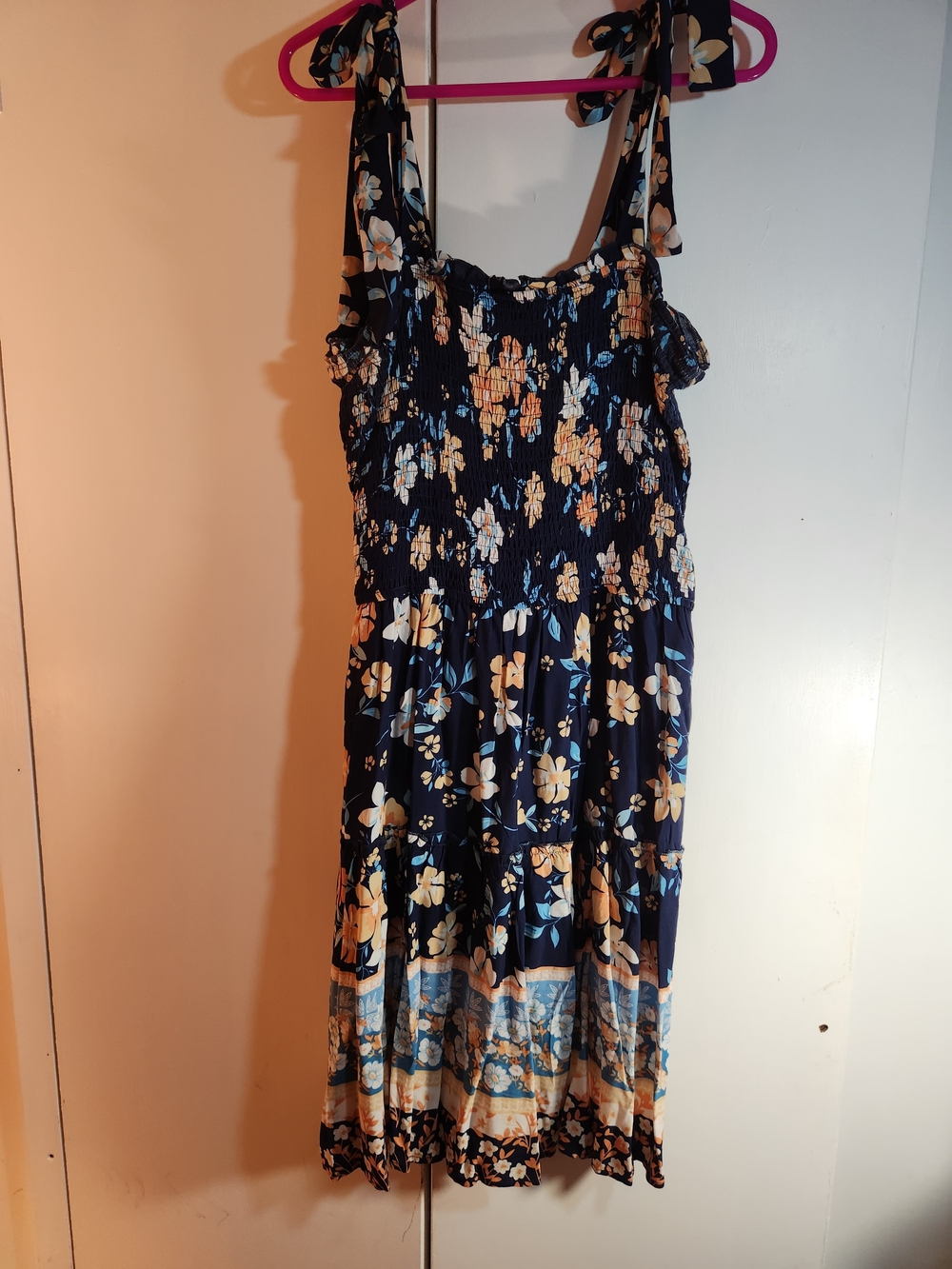 Floral Smocked Tie-Shoulder Midi Dress - Navy